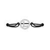 Diamond alphabet L silver bracelet with black adjustable cord on white background