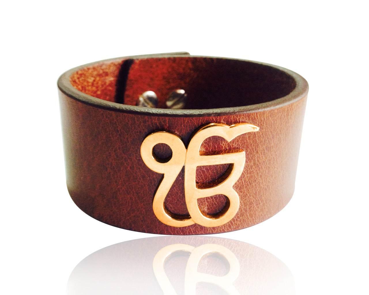 Gold Ik Onkar Leather Bracelet - Jewelslane