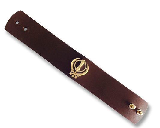 Gold Khanda on wide Leather Band - Jewelslane