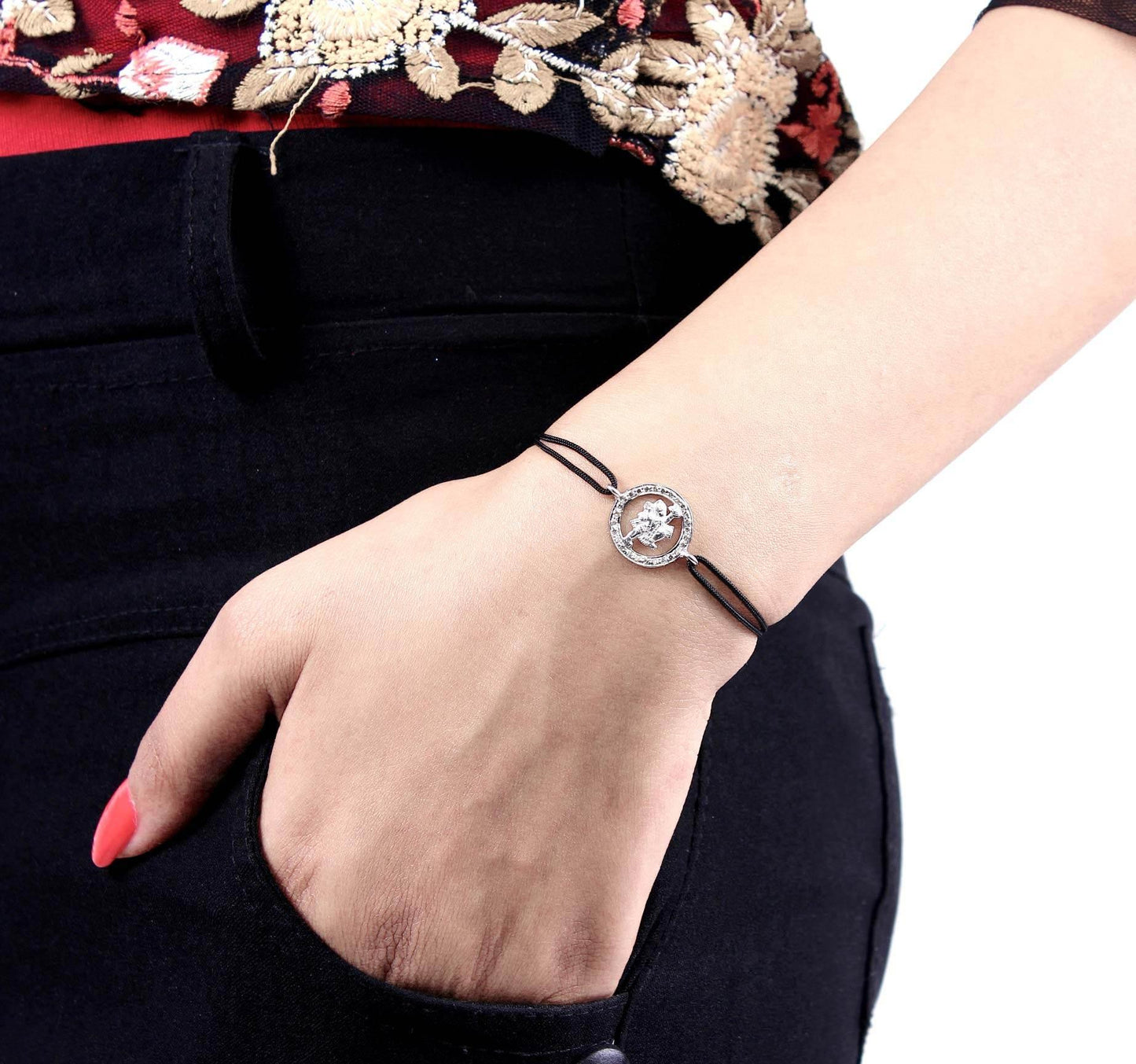 Hanuman Border Diamond Bracelet in Silver with 27 Diamonds - Jewelslane