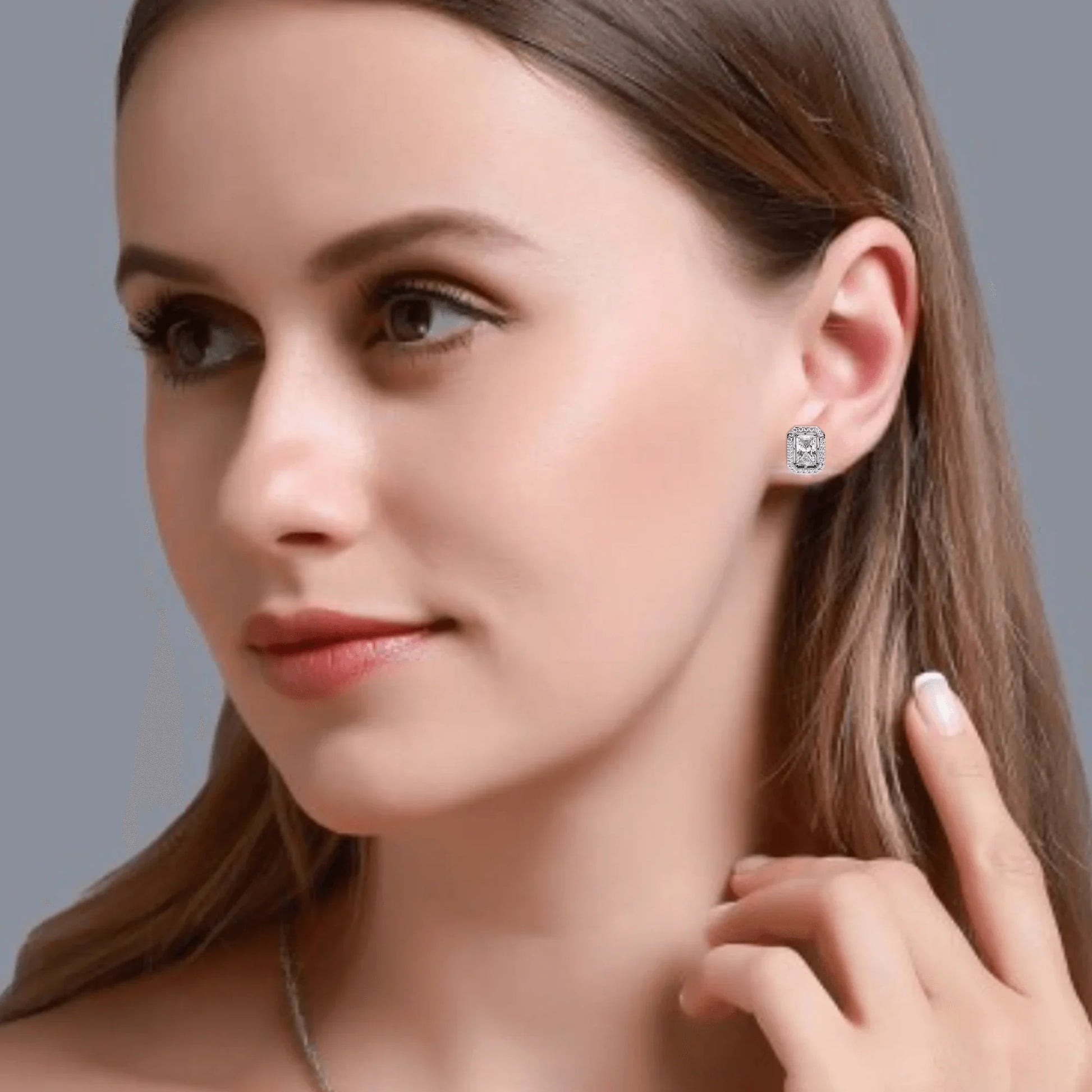 Jenna Radiant Cut Lab Diamond Solitaire Earrings with Diamond Halo - Jewelslane