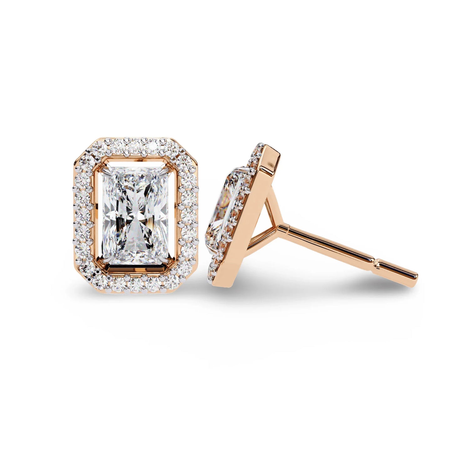 Jenna Radiant Cut Lab Diamond Solitaire Earrings with Diamond Halo - Jewelslane