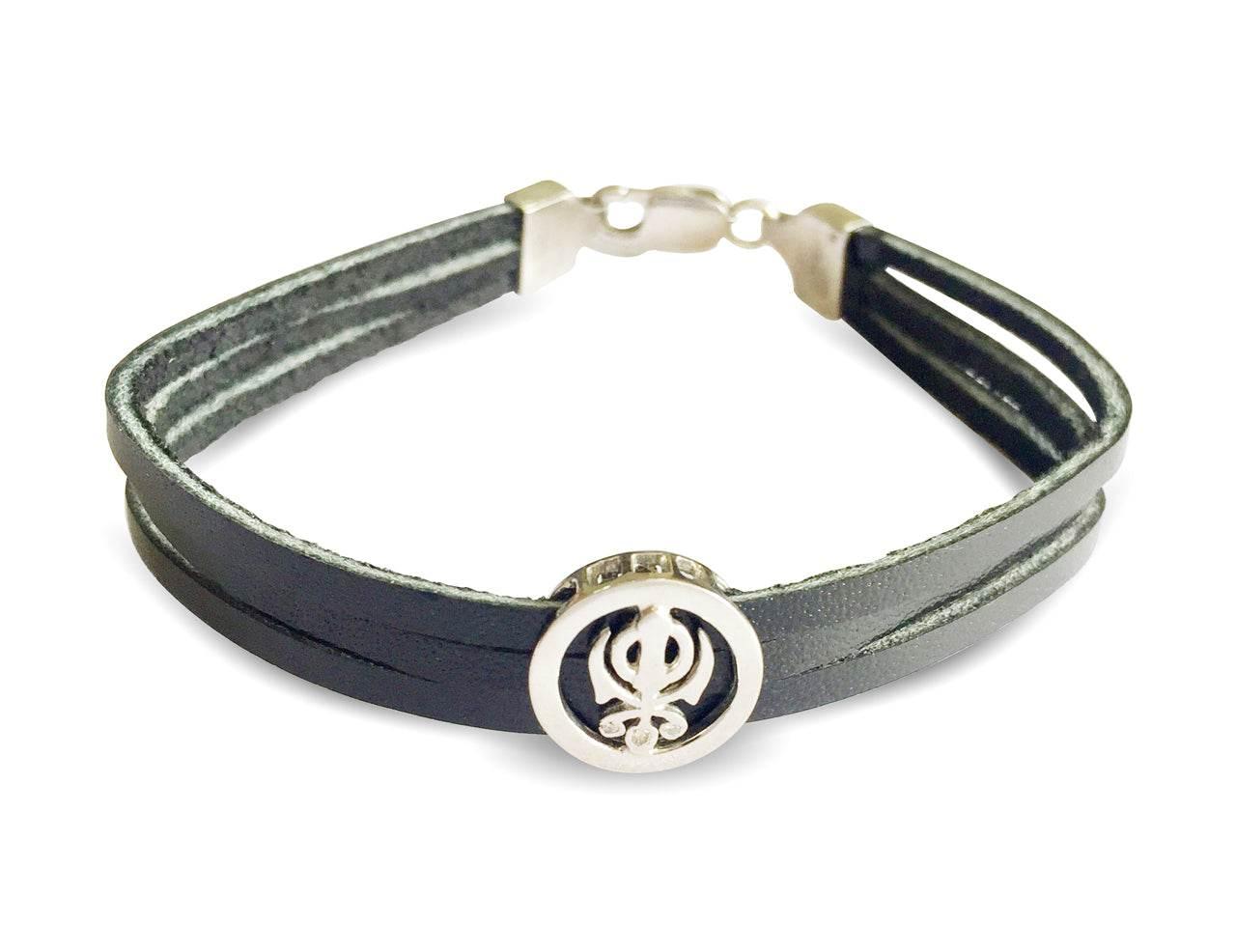 Khanda Silver Bracelet On Leather Strap for men with silver lock - Jewelslane