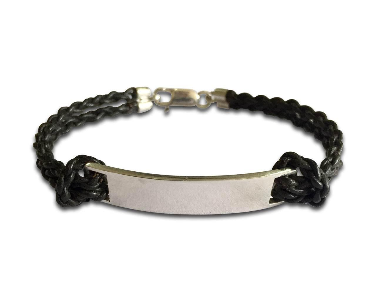 Leather Identity Tag Bracelet for Boys IN Sterling Silver with ENgravable plate - Jewelslane