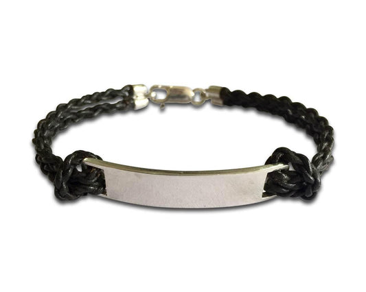 Leather Identity Tag Bracelet for Boys IN Sterling Silver with ENgravable plate - Jewelslane