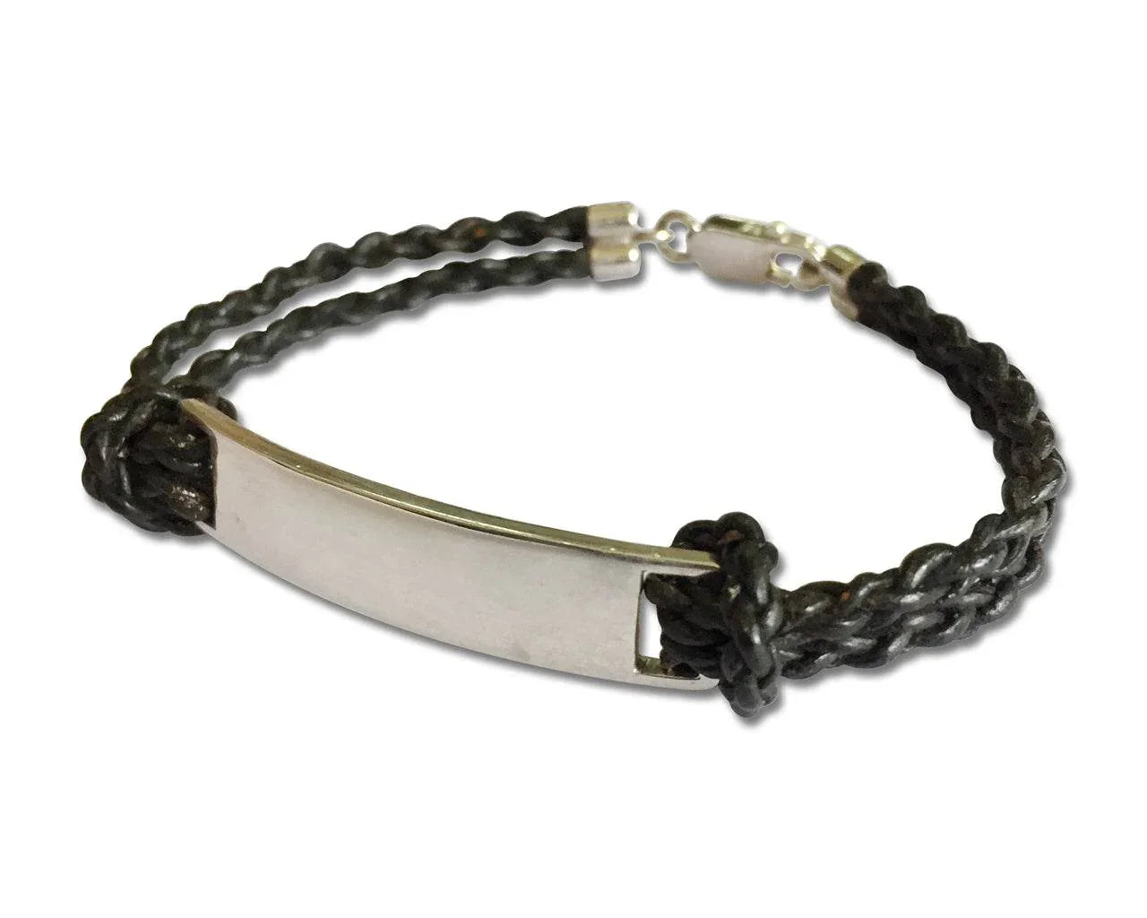 Leather Identity Tag Bracelet for Boys IN Sterling Silver with ENgravable plate - Jewelslane