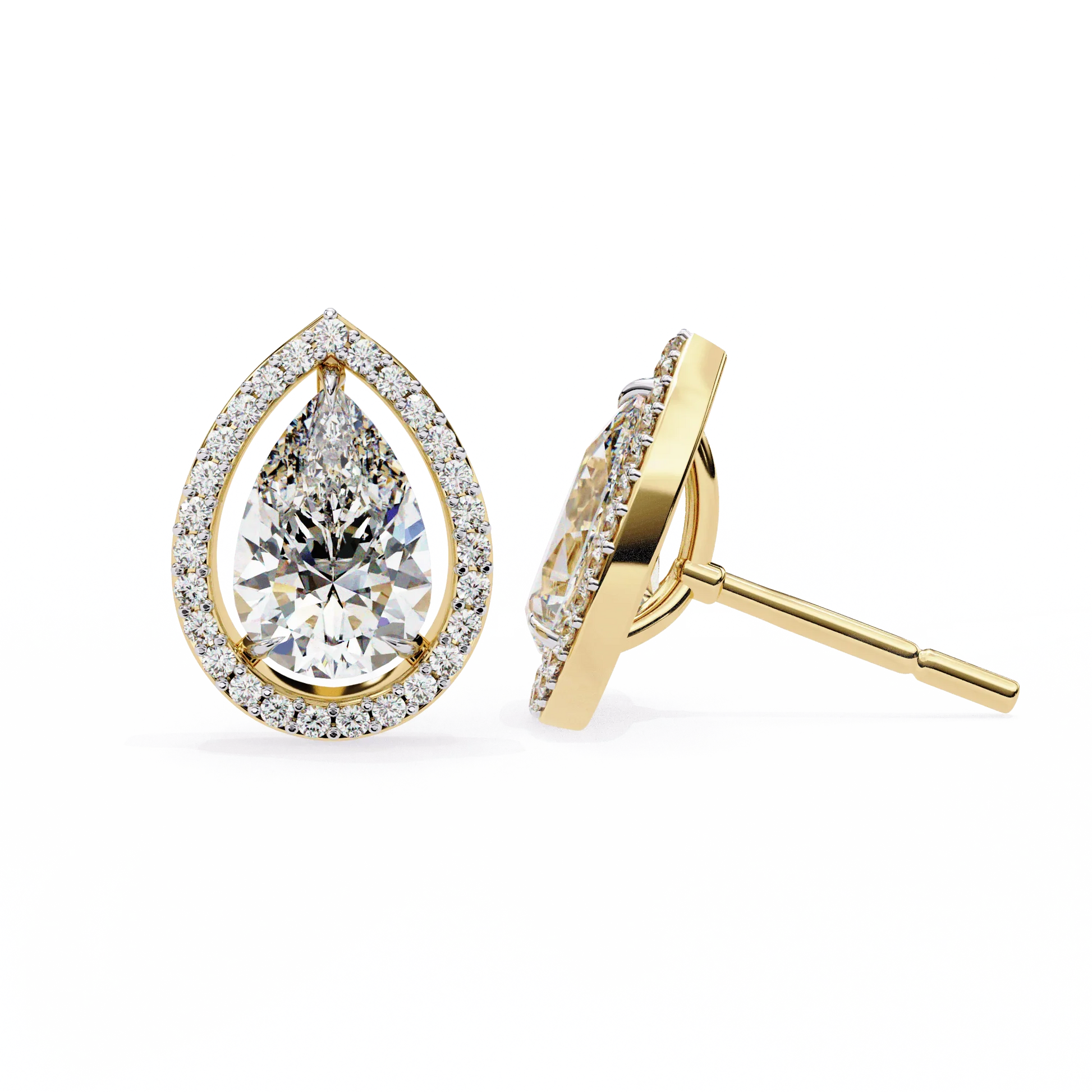 Leena Pear Shape Lab Grown Diamond Solitaire Earrings with diamond Halo in Gold - Jewelslane