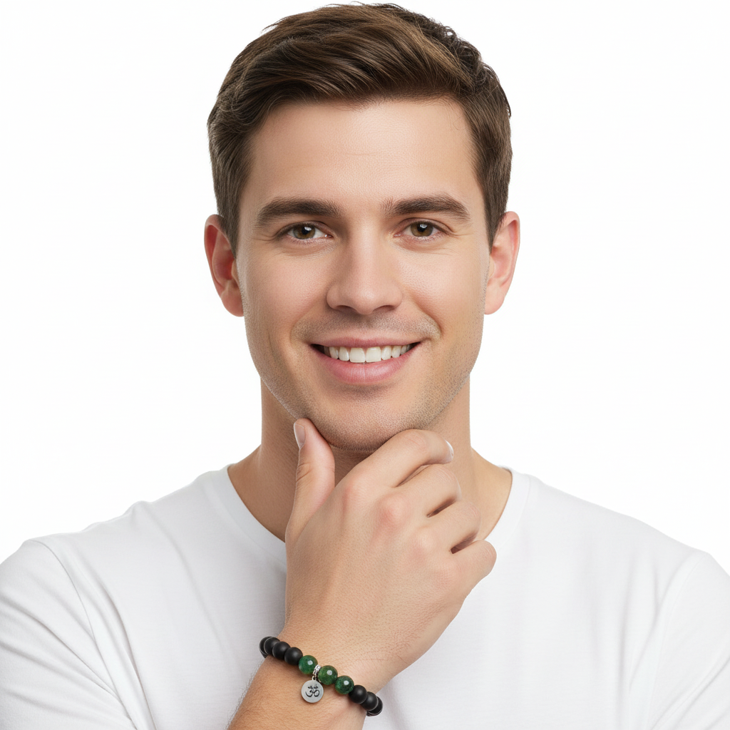 Aumkaara Balance bracelet in silver with Moss Agate and black onyx -jewelslane