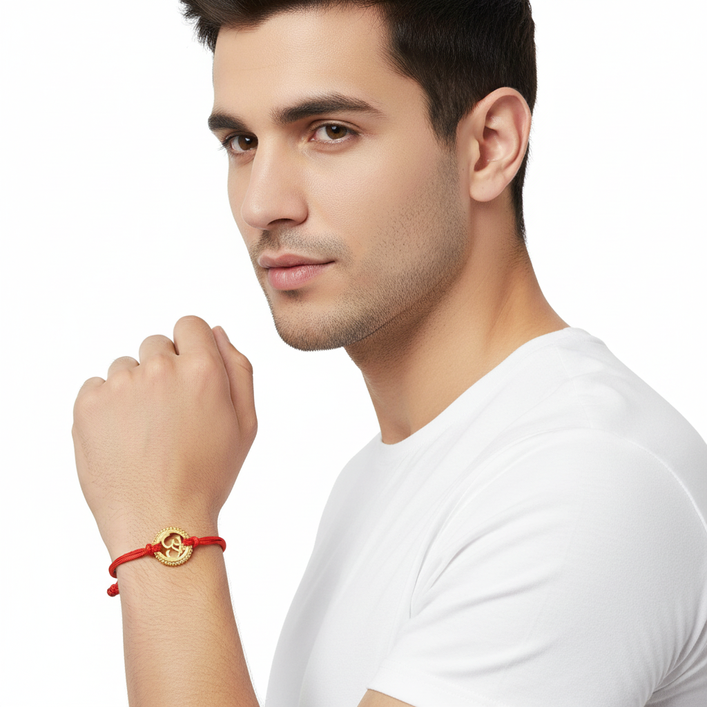 Gold Plated Om Rakhi In Silver On Free Size Adjustable Thread