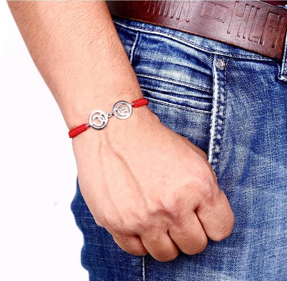 Om & Ik Onkaar Bracelet in Silver with Diamonds on Nylon thread - Jewelslane