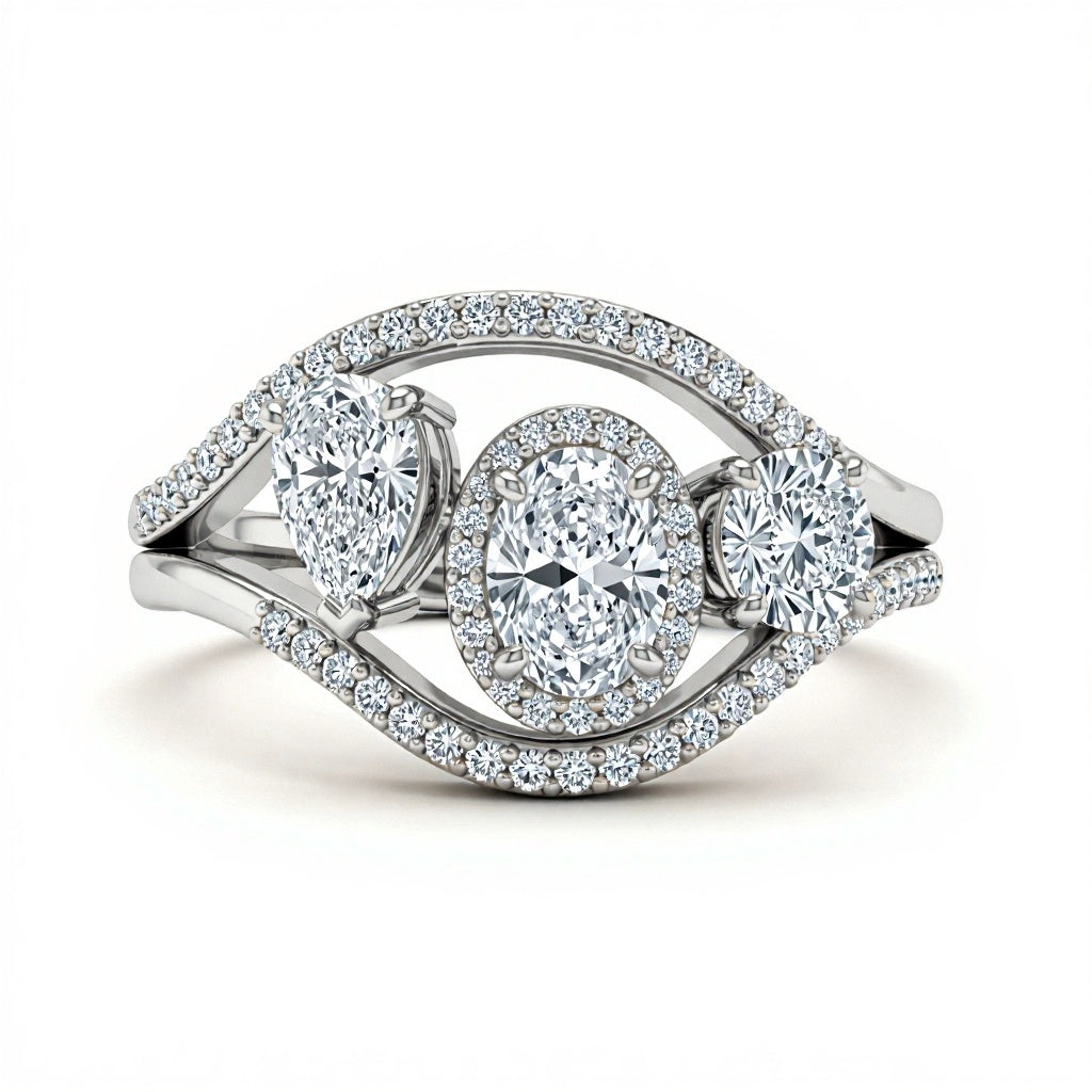 Pear Shape Oval and Round Lab Diamond Solitaire Ring - Jewelslane