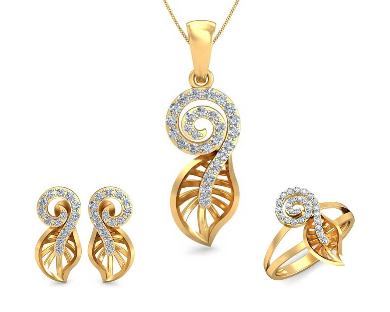 Sama Designer Diamond Pendant, ring & earring set in hallmarked gold - Jewelslane
