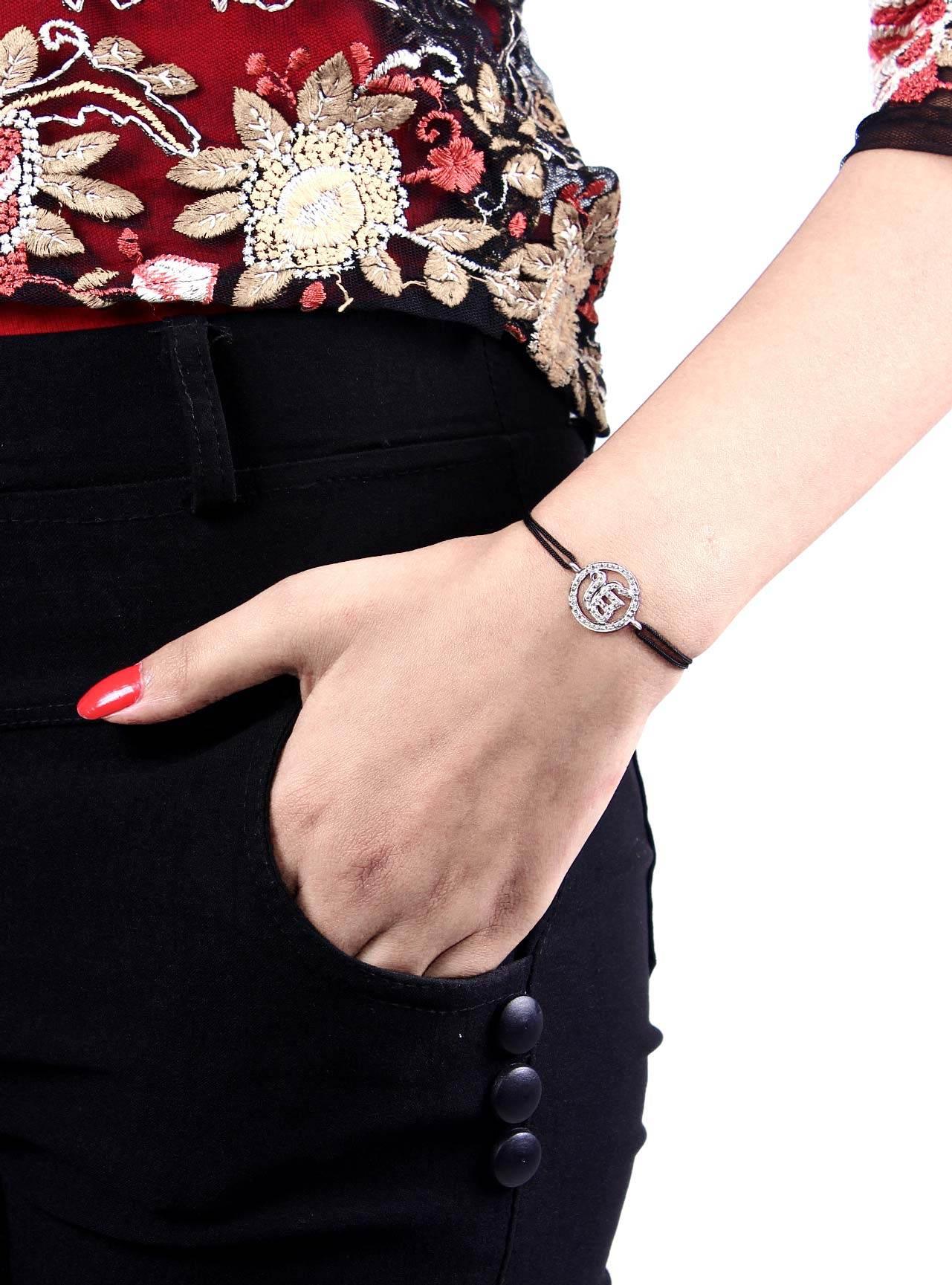 Ik Onkaar Bracelet in 925 Silver with Diamond on size adjustable Nylon Thread - Jewelslane