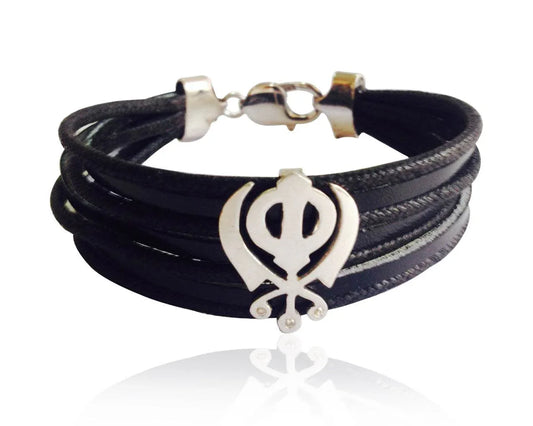 Wide Leather Khanda Bracelet - Jewelslane