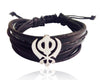 Wide Leather & Cotton Cord Khanda Bracelet in 925 Silver with Diamonds - Jewelslane