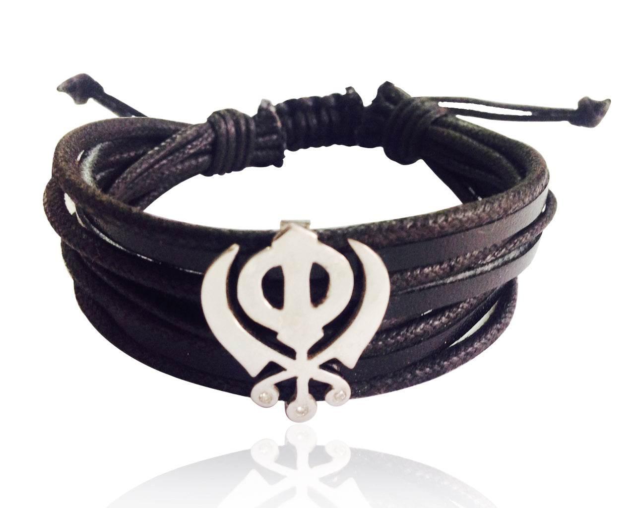 Wide Leather & Cotton Cord Khanda Bracelet in 925 Silver with Diamonds - Jewelslane
