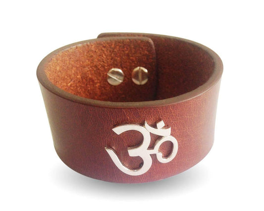 Wide Leather Band Om Bracelet - Jewelslane