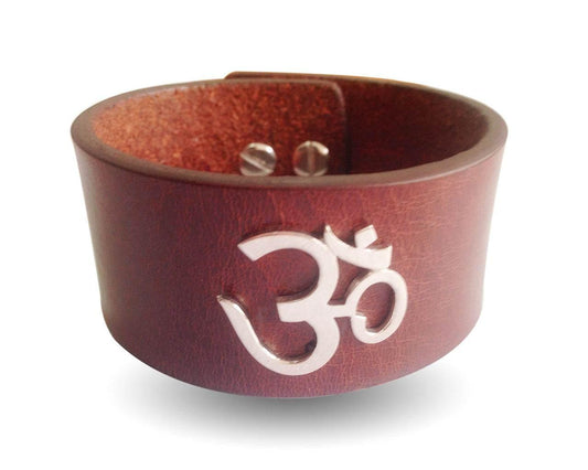 Wide Leather Band Om Bracelet - Jewelslane