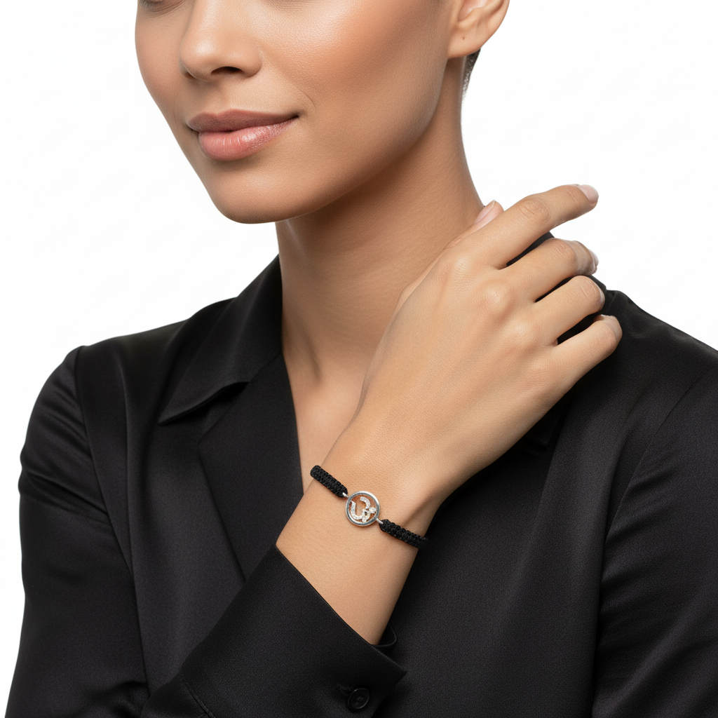 Aum Bracelet in Silver with Diamonds on Nylon Braided Thread from Aumkaara - jewelslane
