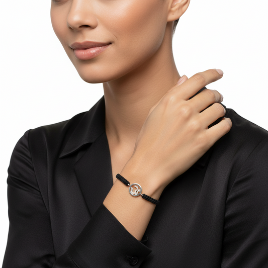 Aum Bracelet in Silver with Diamonds on Nylon Braided Thread from Aumkaara - jewelslane
