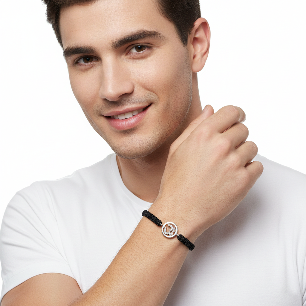 Aum Bracelet in Silver with Diamonds on Nylon Braided Thread from Aumkaara - jewelslane
