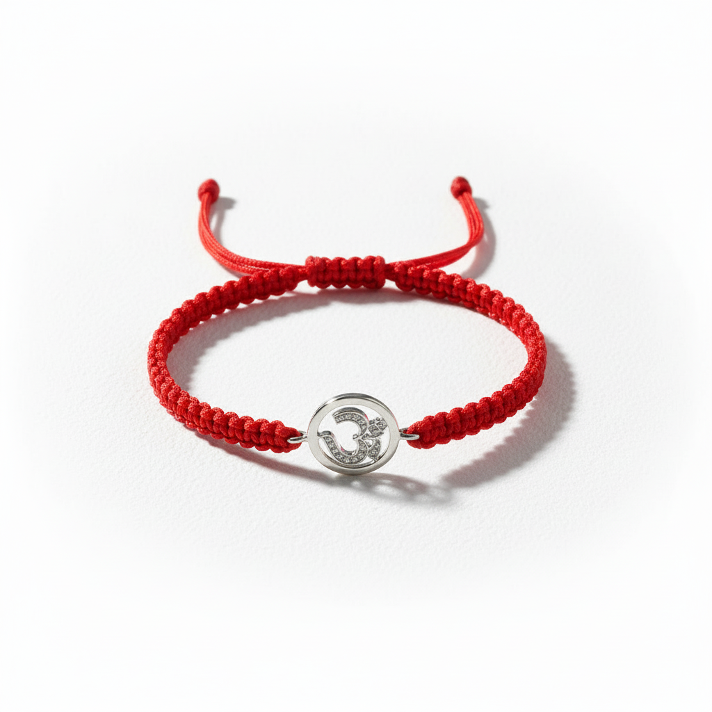 Aum Bracelet in Silver with Diamonds on Nylon Braided Thread from Aumkaara - Jewelslane