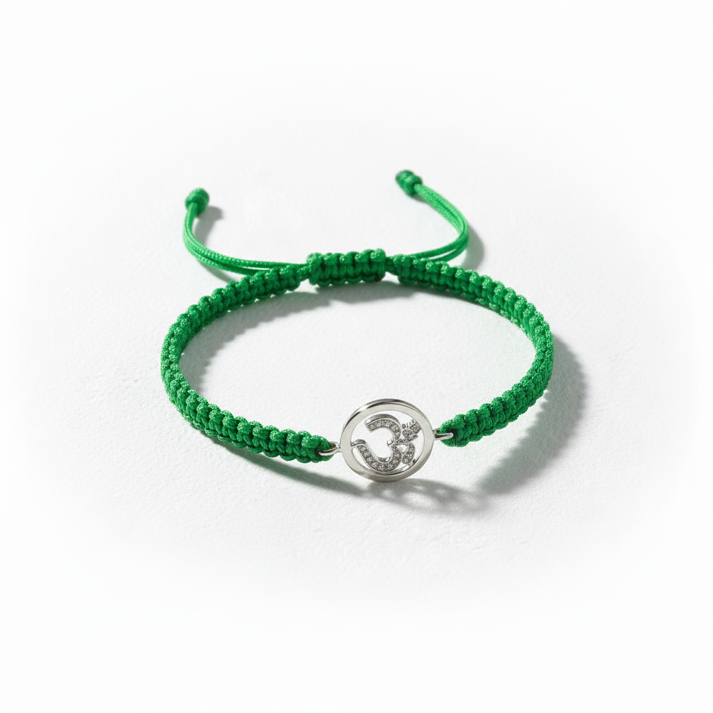 Aum Bracelet in Silver with Diamonds on Nylon Braided Thread from Aumkaara - Jewelslane