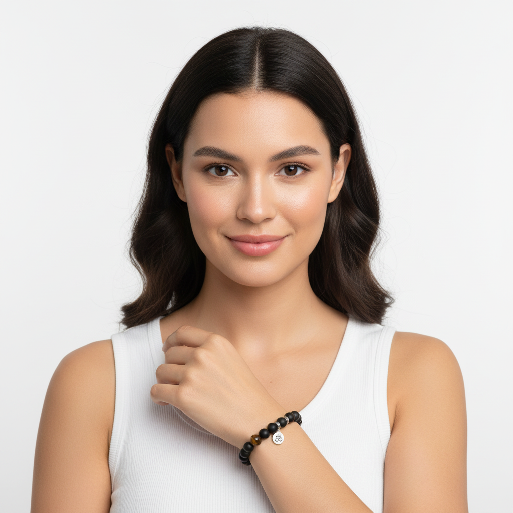 Aumkaara Positivity Bracelet with Tiger’s eye & Black onyx in Silver - Jewelane
