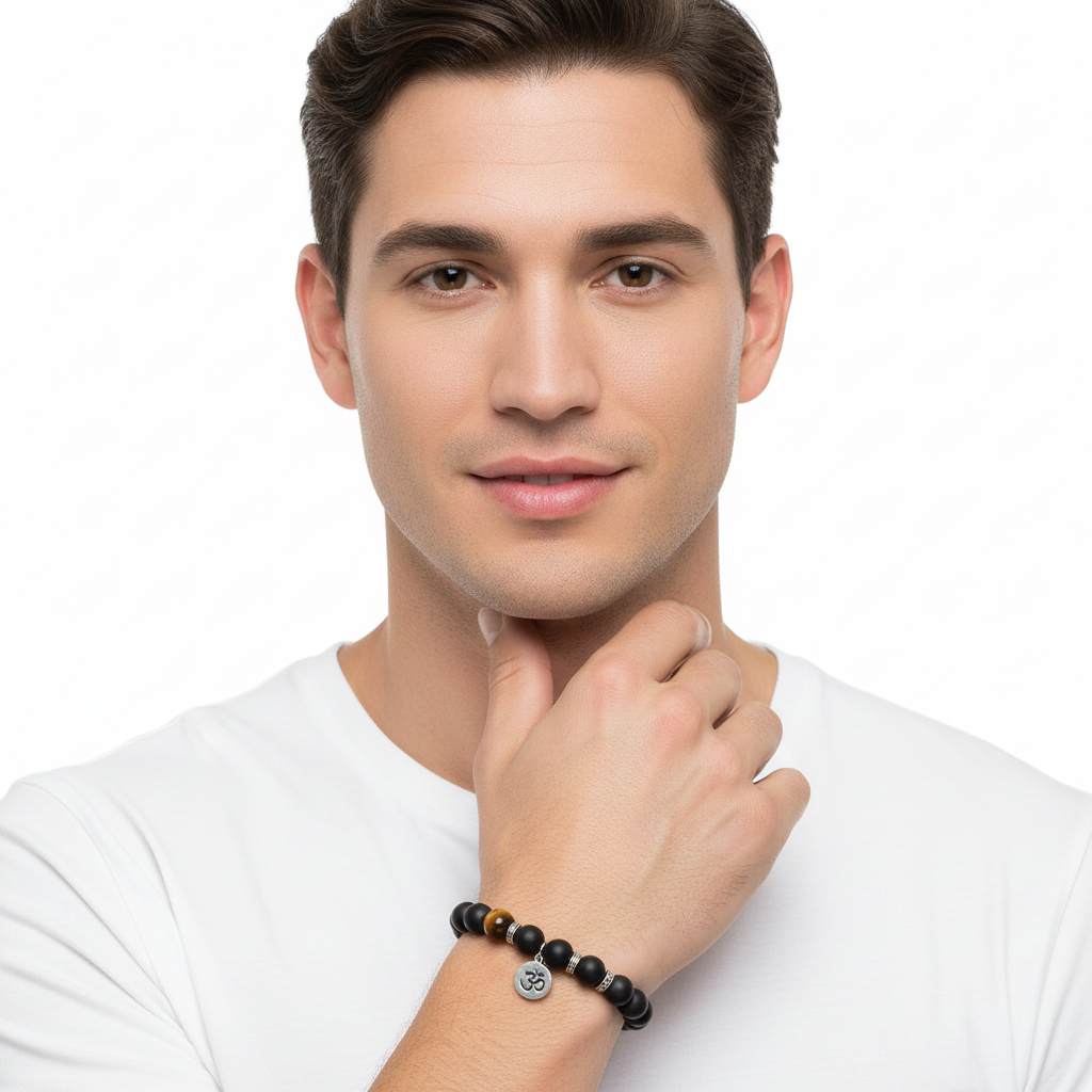 Aumkaara Positivity Bracelet with Tiger’s eye & Black onyx in Silver - Jewelsane