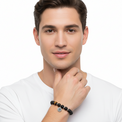 Aumkaara Positivity Bracelet with Tiger’s eye & Black onyx in Silver - Jewelsane