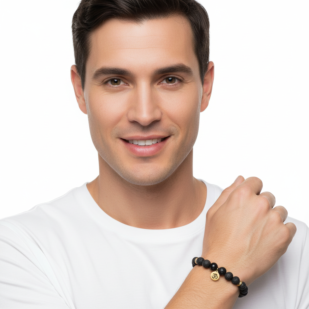 Aumkaara Stability bracelet with Lava Beads & Black onyx in gold - Jewelslane