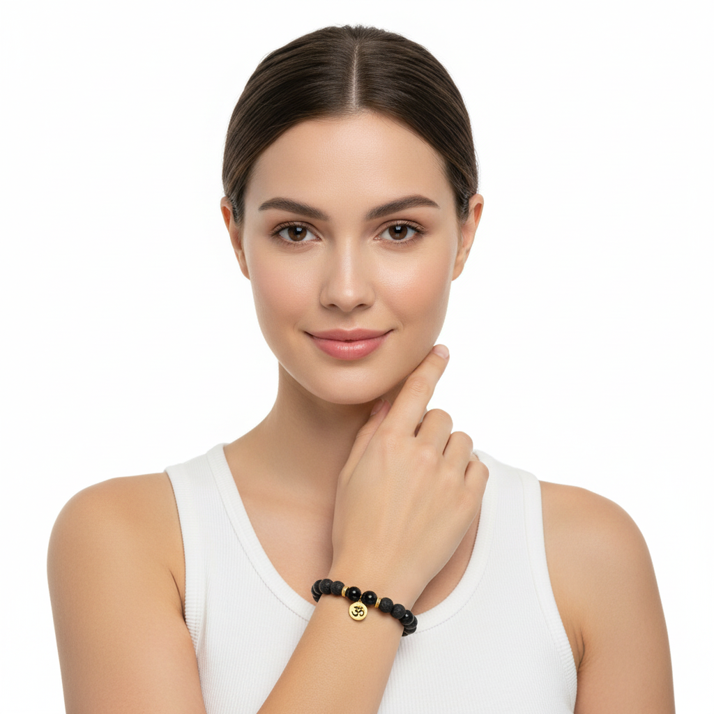 Aumkaara Stability bracelet with Lava Beads & Black onyx in gold - Jewelslane