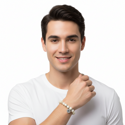 Aumkaara Tranquility Bracelet in silver with White Agate crystal beads - Jewelslane