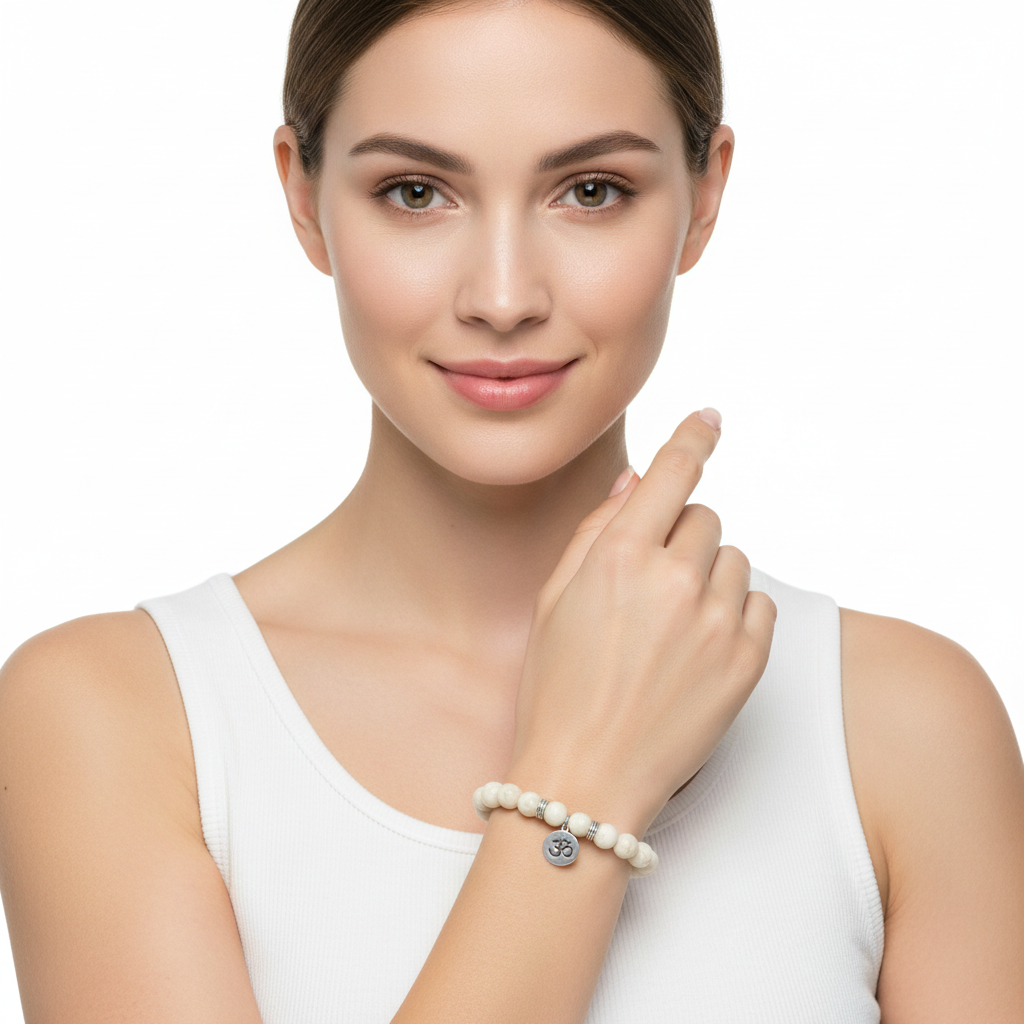 Aumkaara Tranquility Bracelet in silver with White Agate crystal beads - Jewelslane