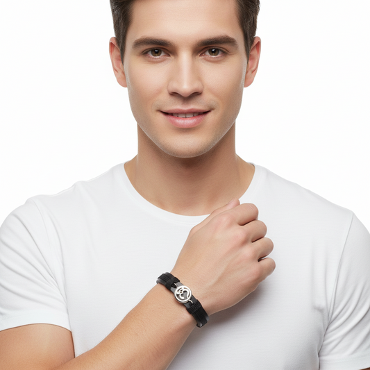 Auspicious Aum Bracelet in silver  for Boys On Leather & Nylon Cord - Jewelslane