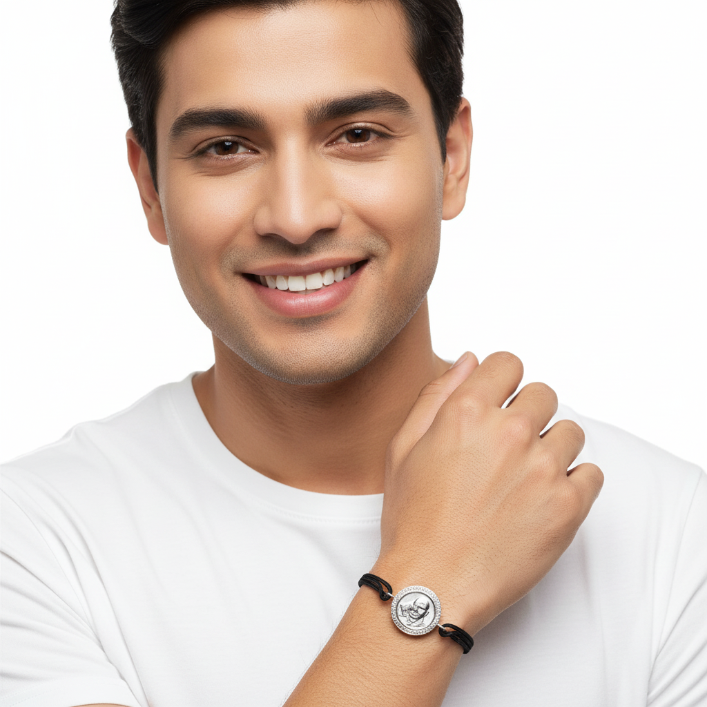 Auspicious Guruji Swaroop Bracelet in Silver with Diamonds - Jewelslane