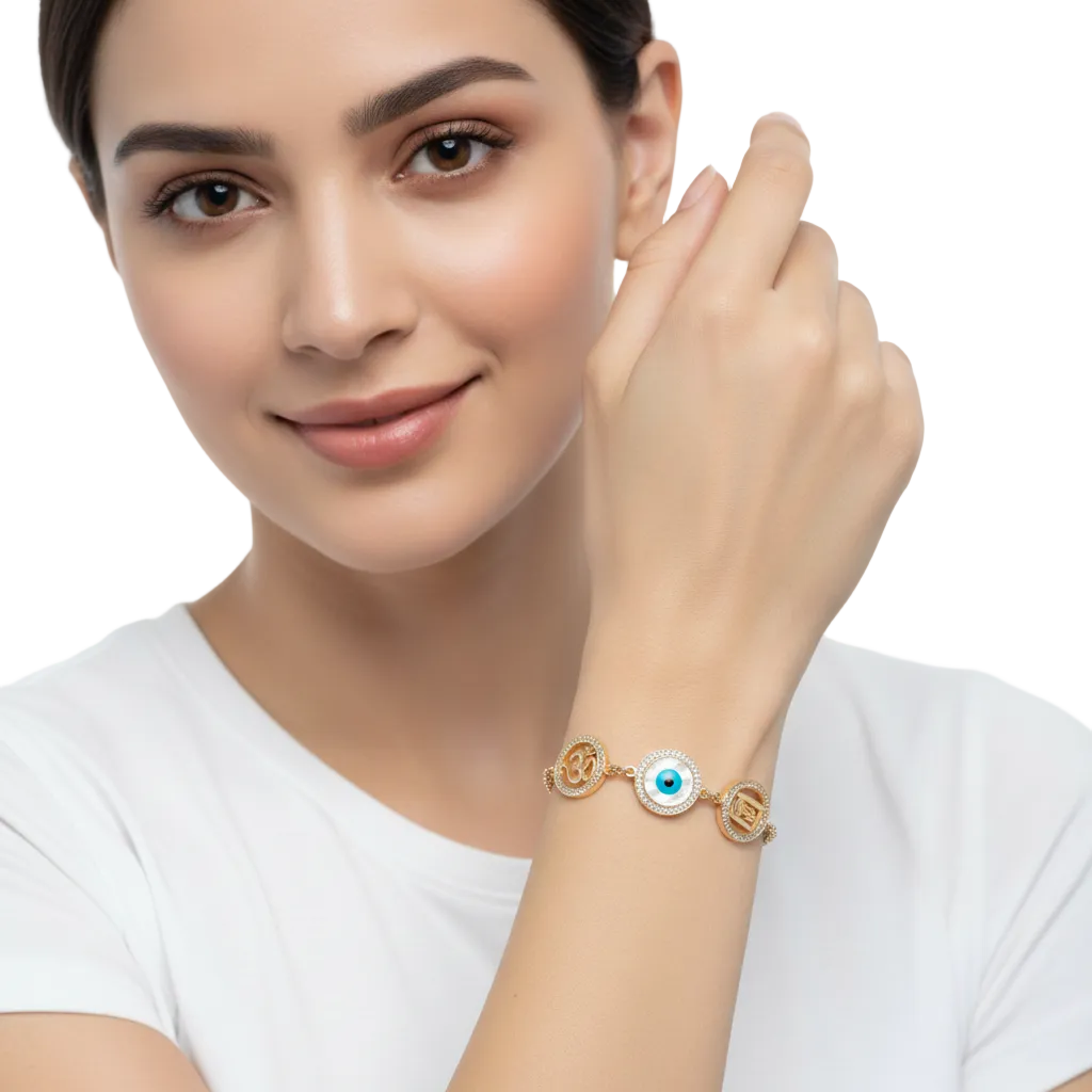 Auspicious Om, Evil eye and Shiv Trishul Gold bracelet with diamonds  - Jewelslane
