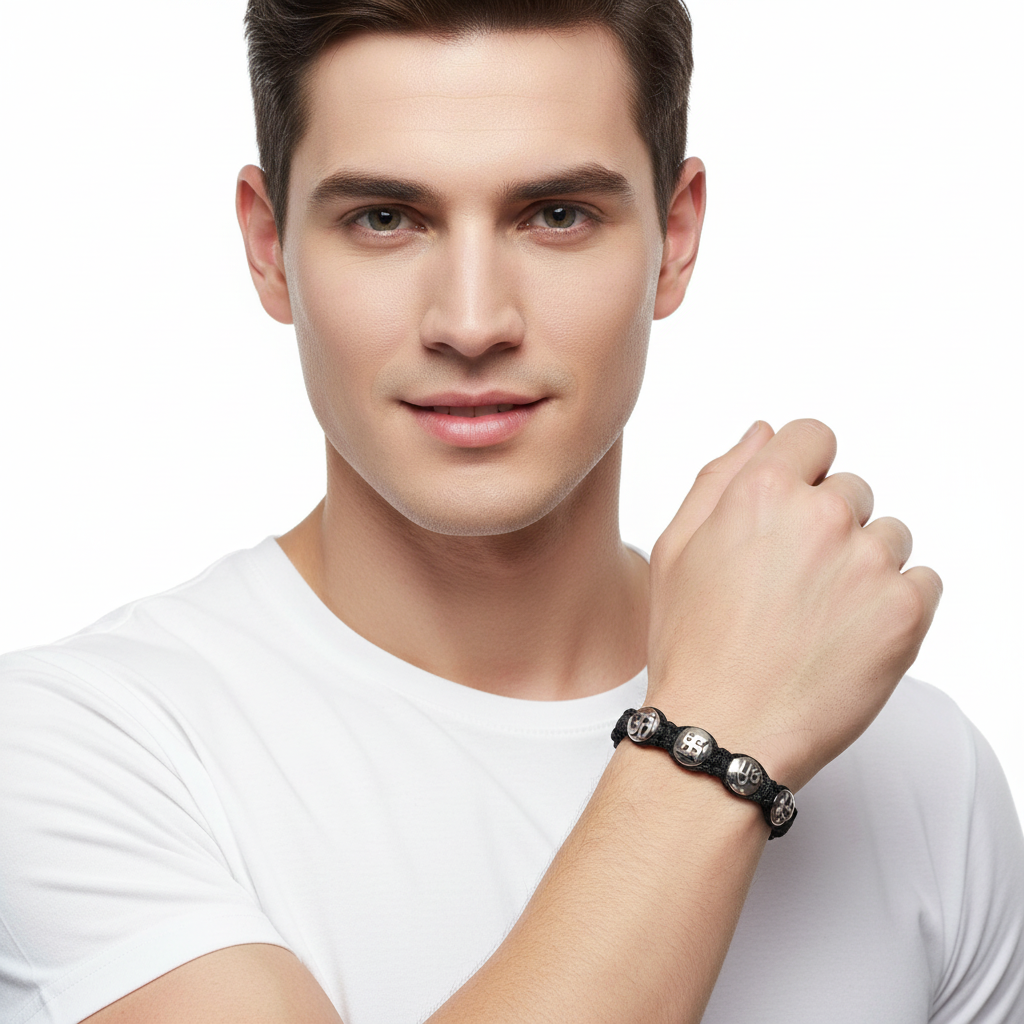 Auspicious Om, Swastik, Trishul & Shri all in one sterling silver Bracelet for Men - Jewelslane
