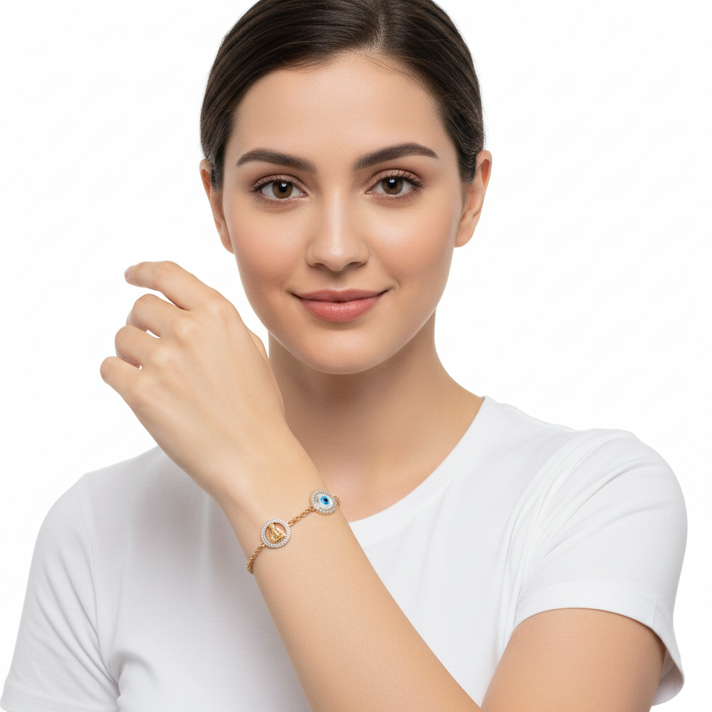 Evil Eye, Aum, Shiv Trishul and ShivLing and Sai Ram all in one, gold bracelet with diamonds - Jewelslane
