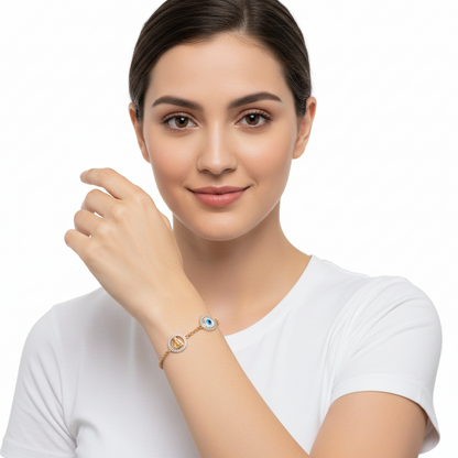 Evil Eye, Aum, Shiv Trishul and ShivLing and Sai Ram all in one, gold bracelet with diamonds - Jewelslane
