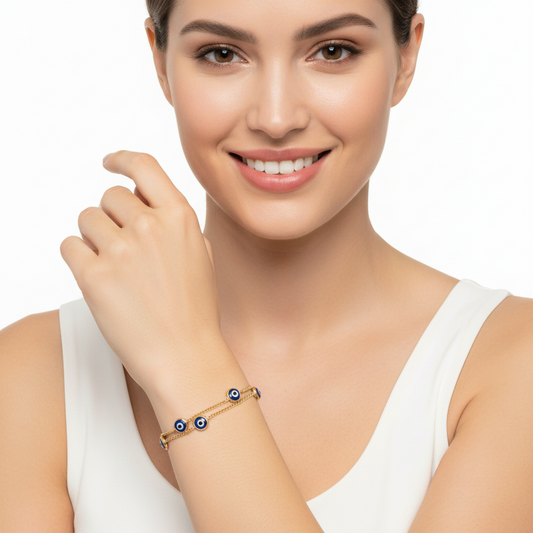 Evil Eye Bracelet On Double Gold Chain in 18k gold - Jewelsane