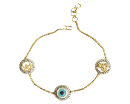 Evil Eye, Om & Sai Bracelet in gold with 10mm charms - Jewelslane