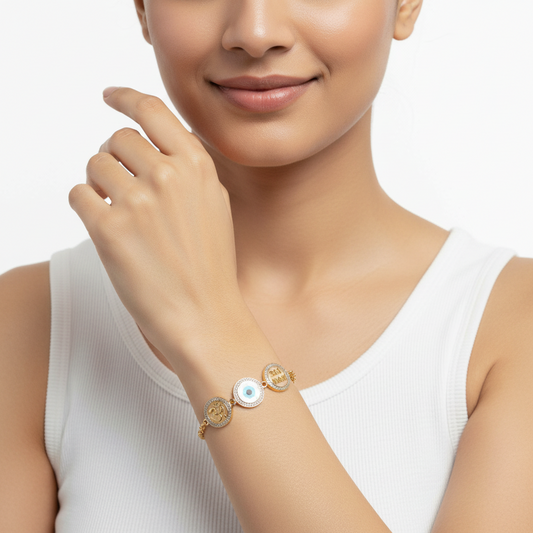 Evil Eye , Om, Swastik & Sai Ram gold bracelet - Jewelslane