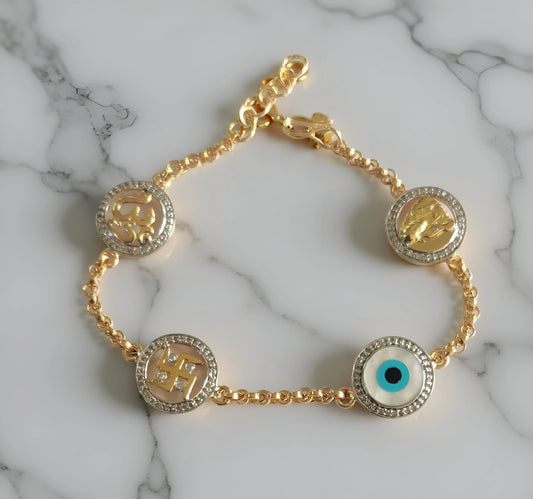 Evil Eye , Om, Swastik &amp; Sai Ram gold bracelet - Jewelslane