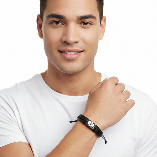 Evil Eye Silver Bracelet on Leather Band for Men with Adjustable Size - Jewelslane