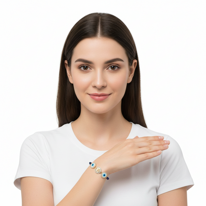 Evil eye and Aum 12mm charm bracelet on black beads for New born - Jewelslane