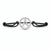 Silver diamond alphabet A bracelet with black adjustable cord on white background