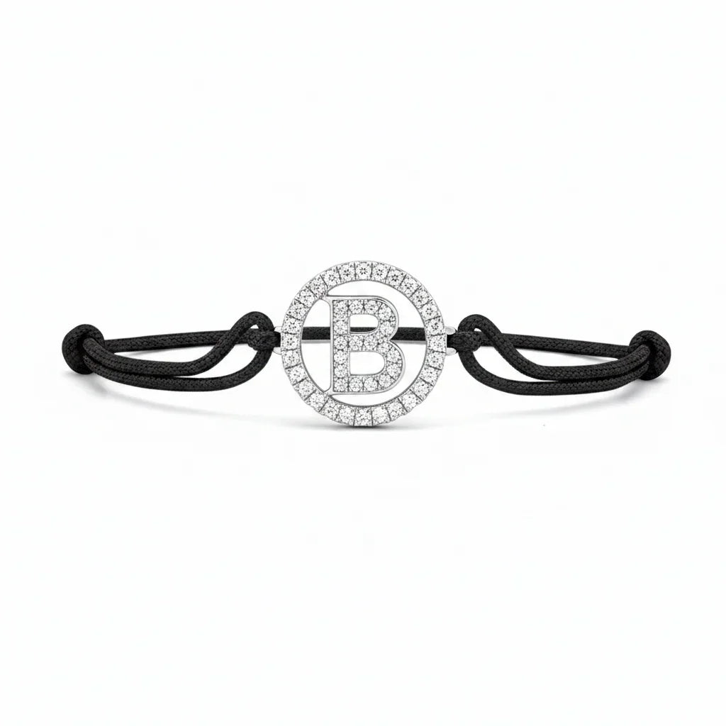 Silver diamond alphabet B bracelet with black adjustable cord