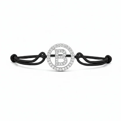 Silver diamond alphabet B bracelet with black adjustable cord