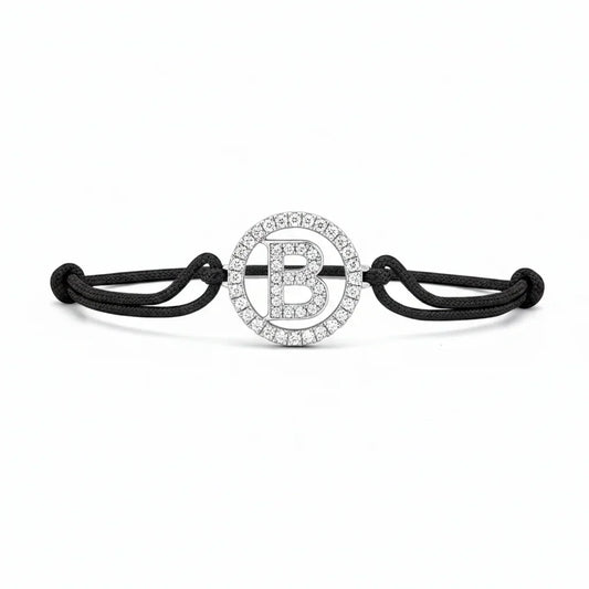 Silver diamond alphabet B bracelet with black adjustable cord